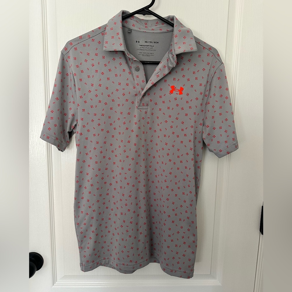 Under Armour Men's XS Gray Polo Shirt with Red Floral Accents